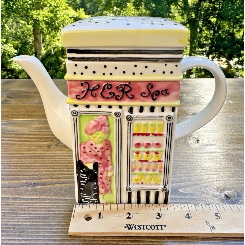 MSRF His Spa Her Spa Ceramic‎ Teapot Salon Barber Shop Storefront w Lid